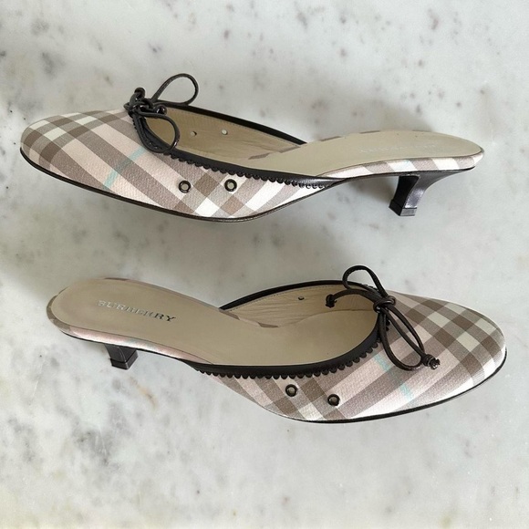 Pink Burberry Novacheck Ballerina Kitten Heels Mules - Picture 3 of 8
